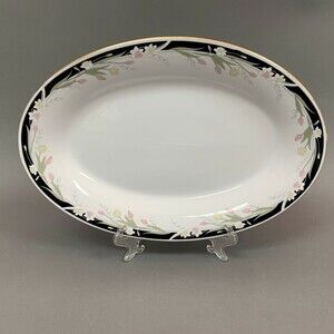 Crown Ming Michelle Oval Platter Plate Gold Trim Multicolor Floral Black Band